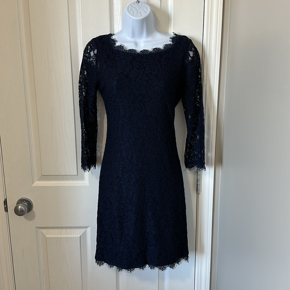 DIANE VON FURSTENBERG Zarita Dress Navy Blue Lace Sheath 3/4 Sleeve - Picture 2 of 13